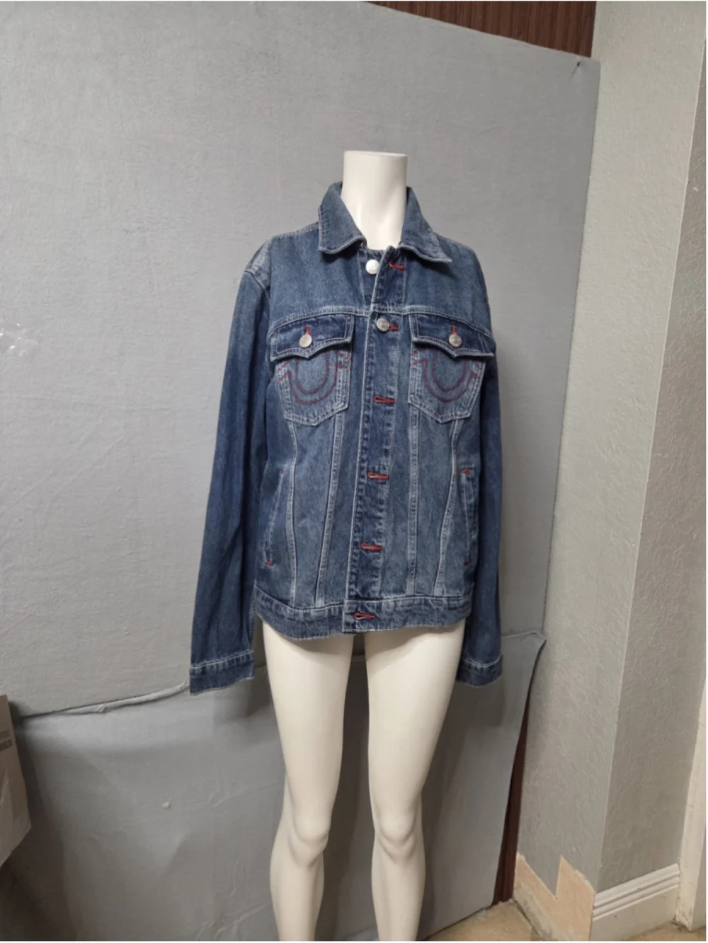 True Religion Jean Jacket Medium Blue Red Logo Size M